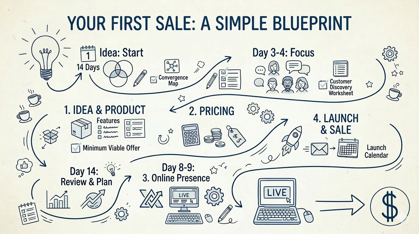 Your First Sale: A Simple Blueprint — 14-day visual overview from idea to first sale