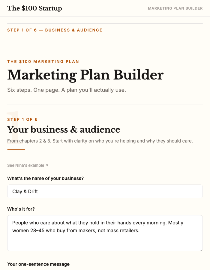 90-Day Plan Builder step 1 — business and audience form filled in