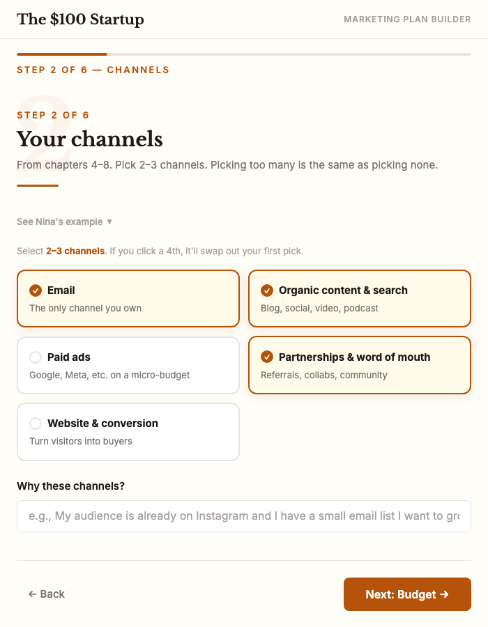 90-Day Plan Builder step 2 — channel selection with email, organic, and partnerships selected