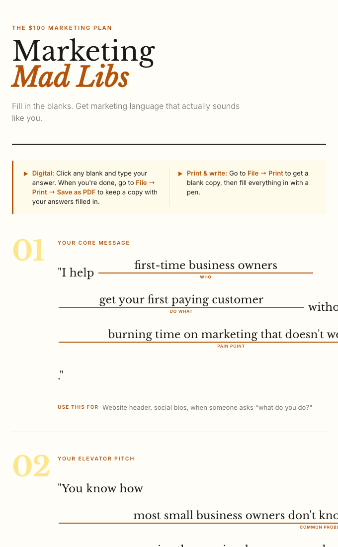 Marketing Mad Libs header and instructions