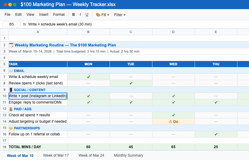 Weekly Marketing Tracker spreadsheet — tasks by day with checkmarks and time estimates