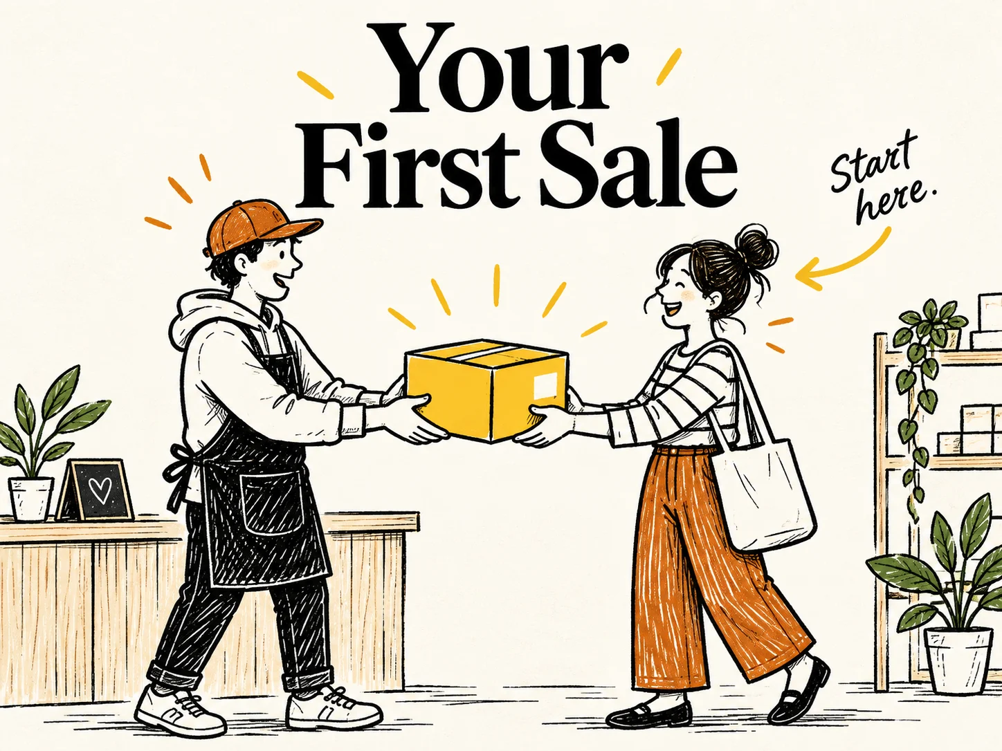 Your First Sale: a small-business owner handing a yellow parcel to their first customer